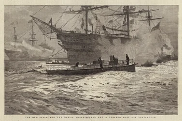 Der alte Stil und der neue, ein Dreidecker und ein Torpedoboot vor Portsmouth